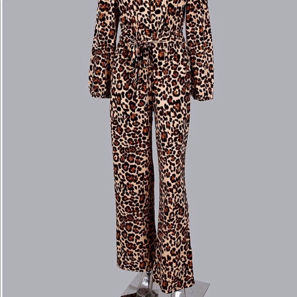 Leopard Tied Waist Long Sleeve Jumpsuit